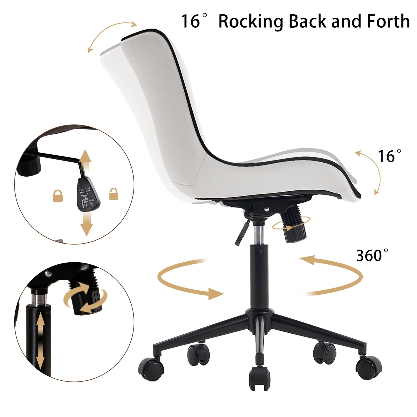 YOUNIKE Cute Armless Office Desk Chair Modern Upholstered Faux Leather Swivel Task Chair, White