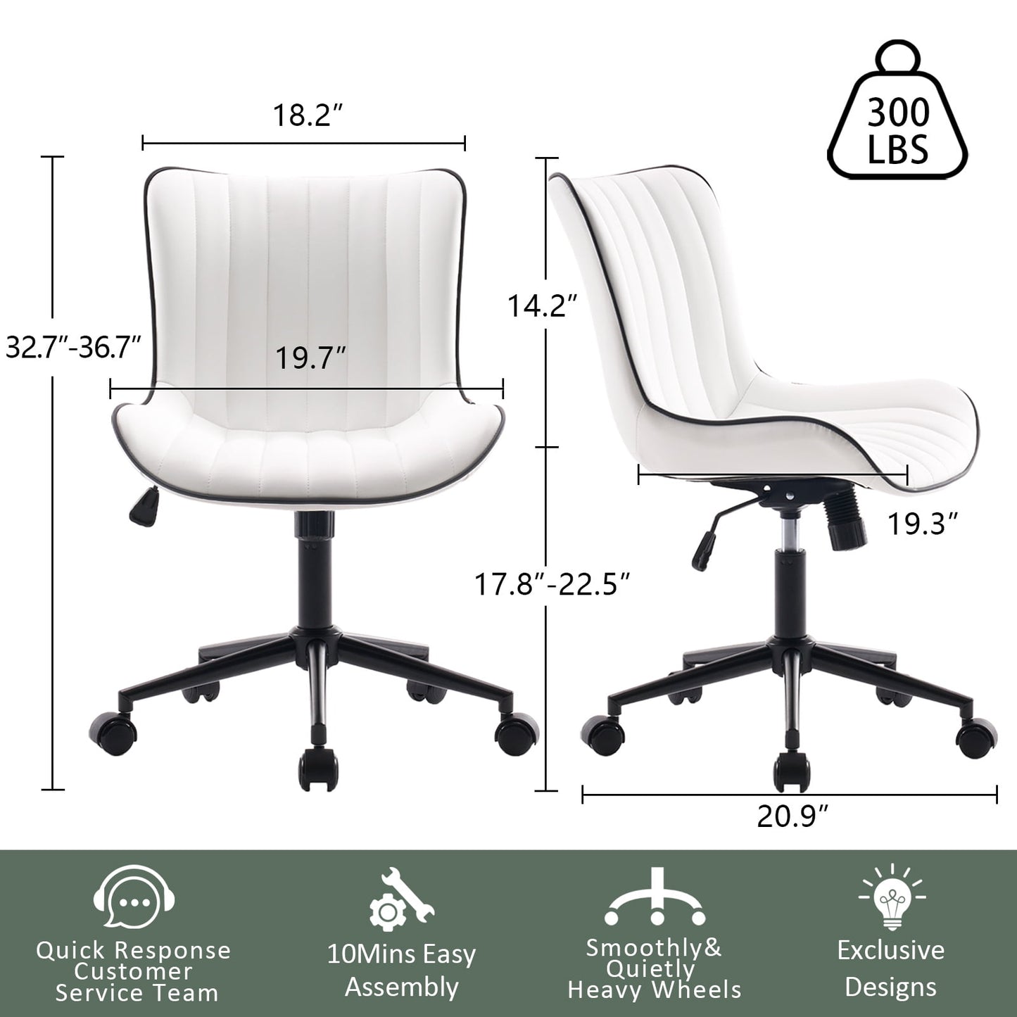 YOUNIKE Cute Armless Office Desk Chair Modern Upholstered Faux Leather Swivel Task Chair, White