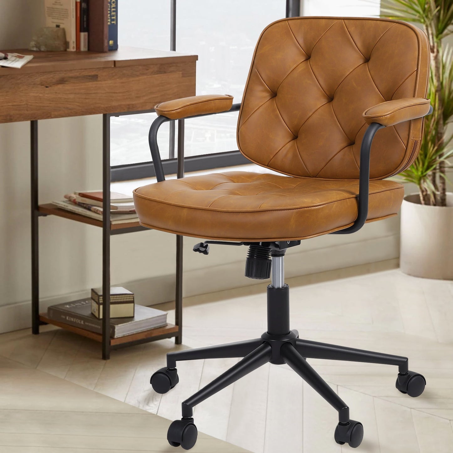 Zzistar 360¡ã Swivel Office Chair with Upholstered Armrest, Height Adjustable Ergonomic Office Chair with Mid Backrest, Brown