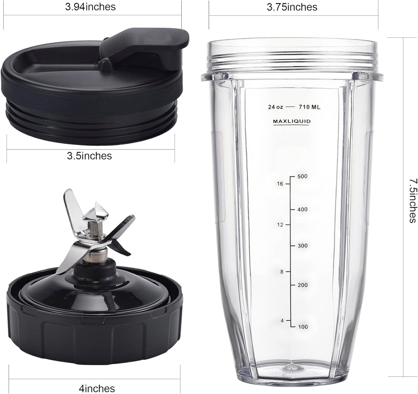 [Upgraded] Replacement 24oz Nutri Ninja Blender Cup - Compatible with BL910 BL450, Bl451, Bl454, BL480D, Bl482, and More - Includes 2 Upgraded Sip & Seal Lids -