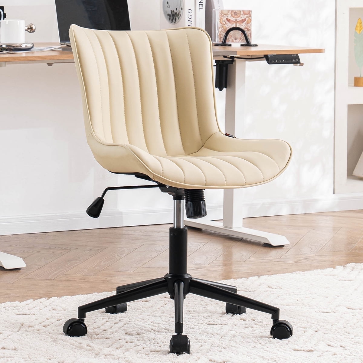 YOUNIKE Cute Armless Office Desk Chair Modern Upholstered Faux Leather Swivel Task Chair, Beige