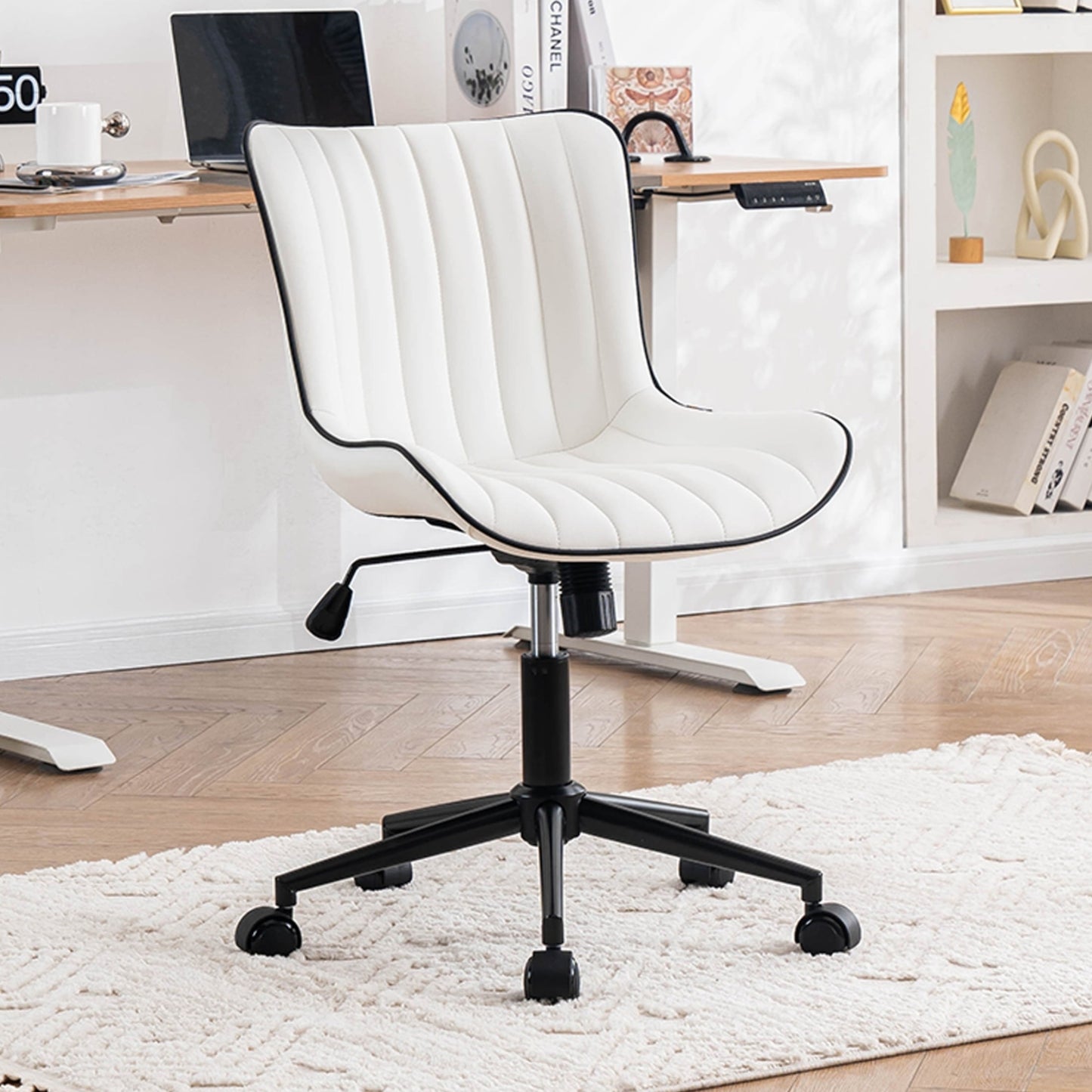 YOUNIKE Cute Armless Office Desk Chair Modern Upholstered Faux Leather Swivel Task Chair, White