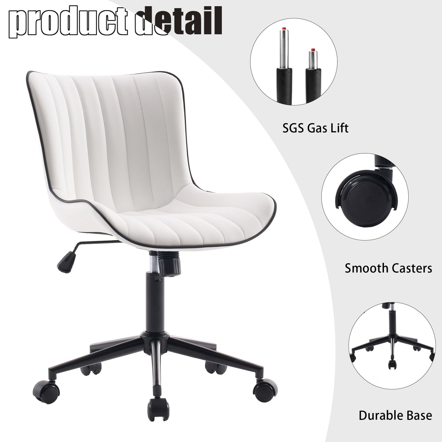 YOUNIKE Cute Armless Office Desk Chair Modern Upholstered Faux Leather Swivel Task Chair, White