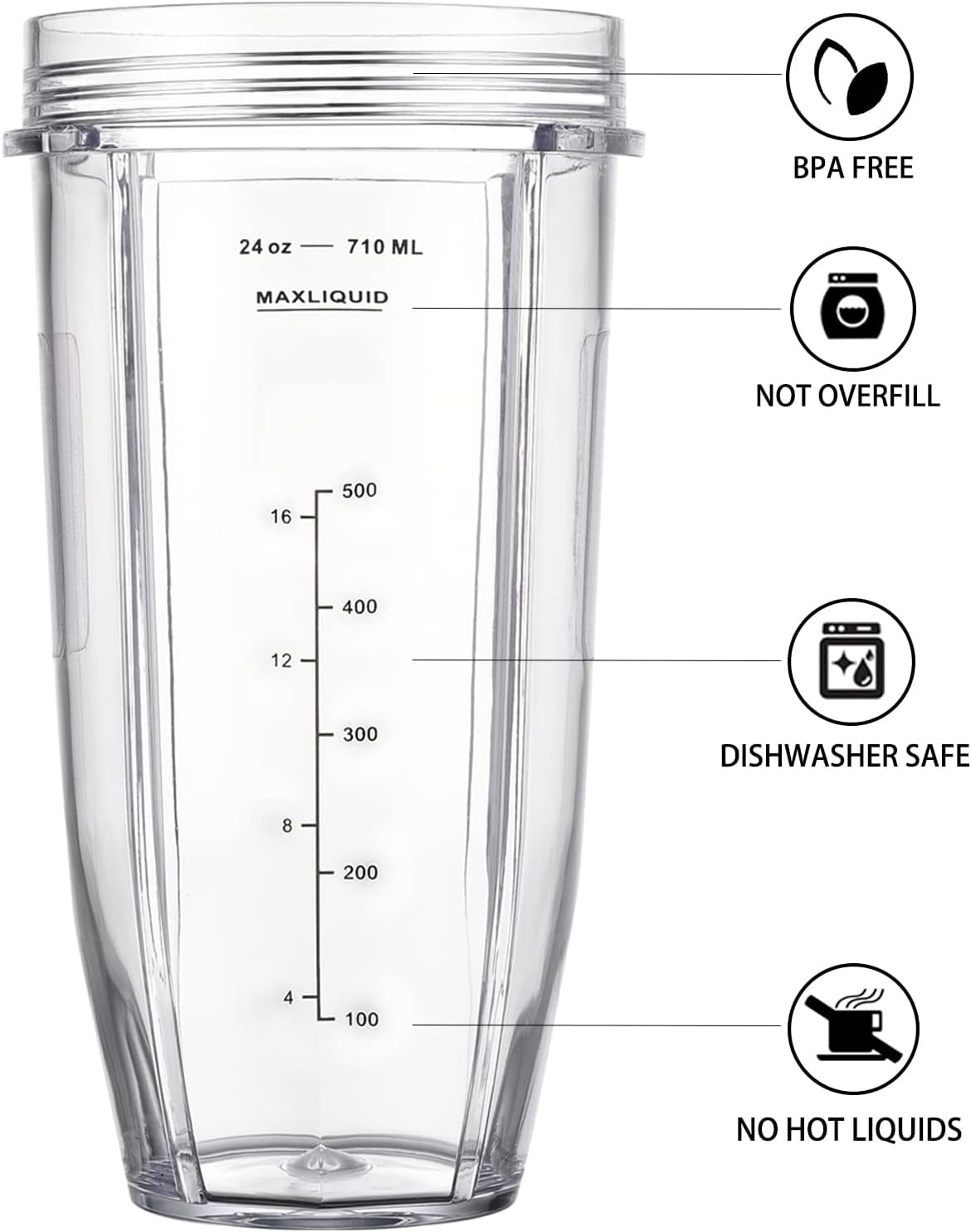 [Upgraded] Replacement 24oz Nutri Ninja Blender Cup - Compatible with BL910 BL450, Bl451, Bl454, BL480D, Bl482, and More - Includes 2 Upgraded Sip & Seal Lids -